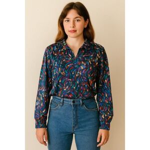 80's Vintage Alex Colman Womens Blouse S/M Multicolor Abstract Print Long Sleeve